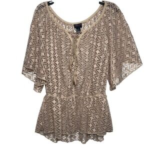 Torrid Tan Crochet Lace Peplum Top Kimono Sleeve Tassel Tie Plus Size‎ 2X